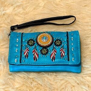 Turquoise Southwestern Embroidered Tri-Fold Wallet Clutch Silver Beaded Feathers